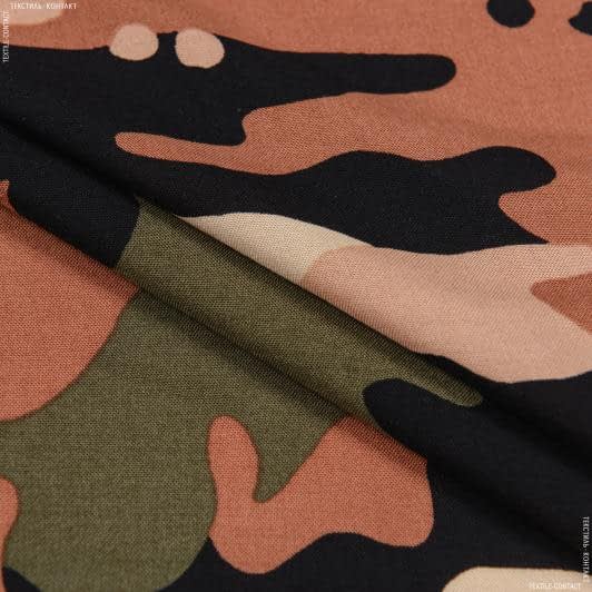 Тканини для блузок - Штапель Фалма принт камуфляж чорний/хакі/коричневий