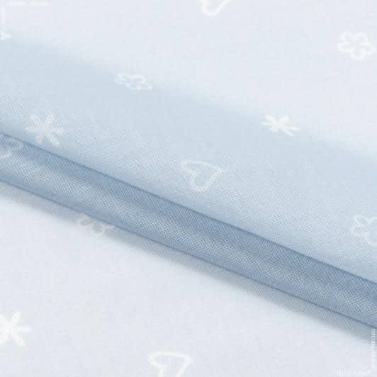 Тканини гардинні тканини - Тюль Астер принт квіти сердечки/BABY-BOY  блакитний