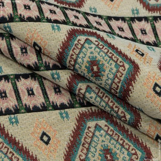 Тканини етно тканини - Гобелен Орнамент -127 бурий,чорний,зелен. св.рожевий  фон св.беж
