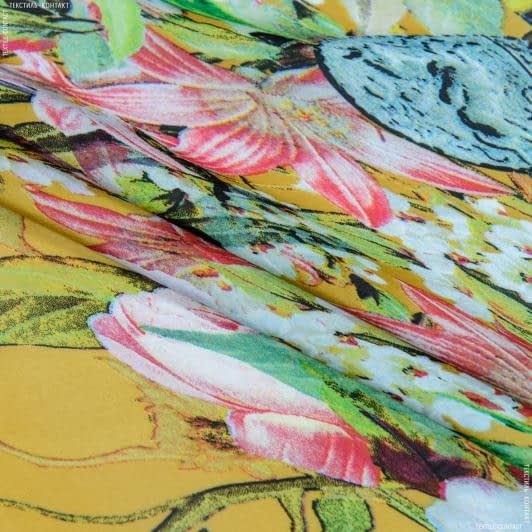 Тканини тканини софт - Шовк штучний принт монети, квіти на темно-жовтому