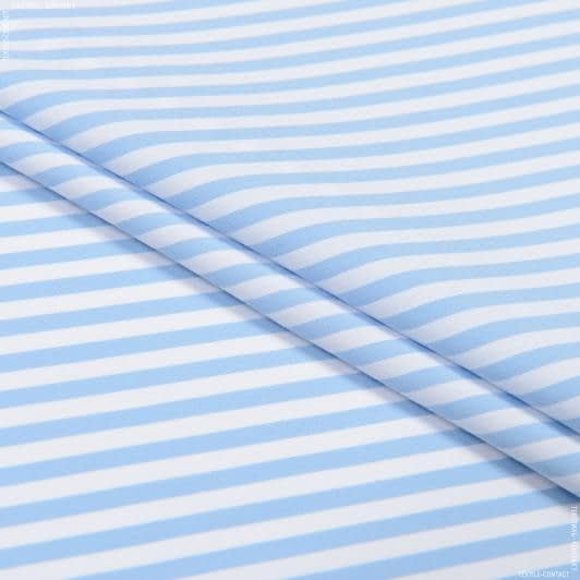 Тканини для суконь - Поплін стрейч принт смужка біло-блакитна