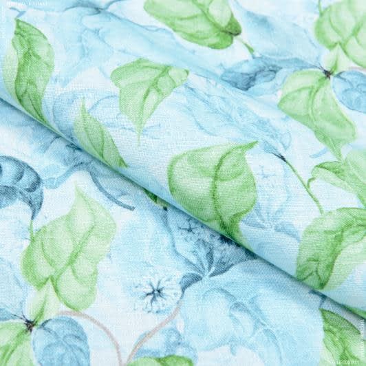 Тканини для кашкетів та панам - Льон костюмний принт листя салатове/блакитне