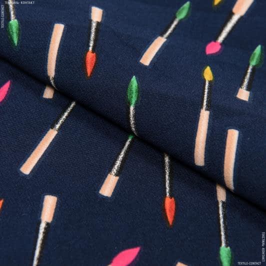 Тканини для костюмів - Костюмна Роріка принт пензлики кольорові на темно-синій