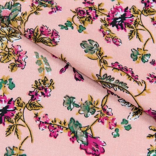 Тканини для суконь - Штапель фалма принт малинові квіти на світло-рожевому