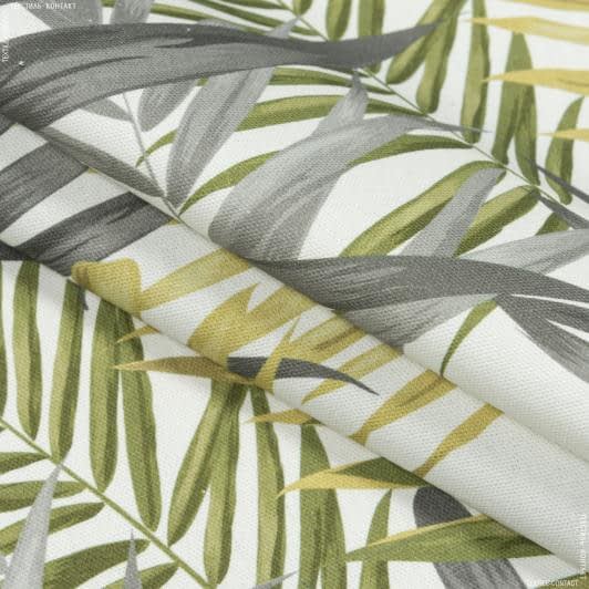 Тканини портьєрні тканини - Декоративна тканина Листя пальми  оливка, сірий