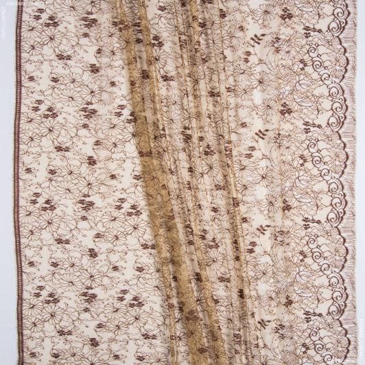 Тканини для спецодягу - Гіпюр сітка з фестоном і вишивкою коричневим на бежевому