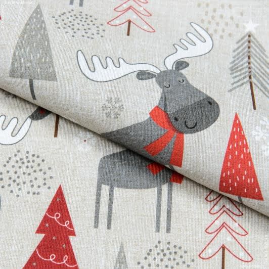 Тканини новорічні тканини - Новорічна тканина лонета Олені сірий, червоний