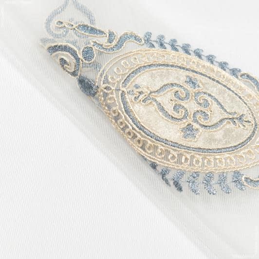Ткани гардинные ткани - Тюль вышивка Фемида молочный, голубой с блеском с фестоном