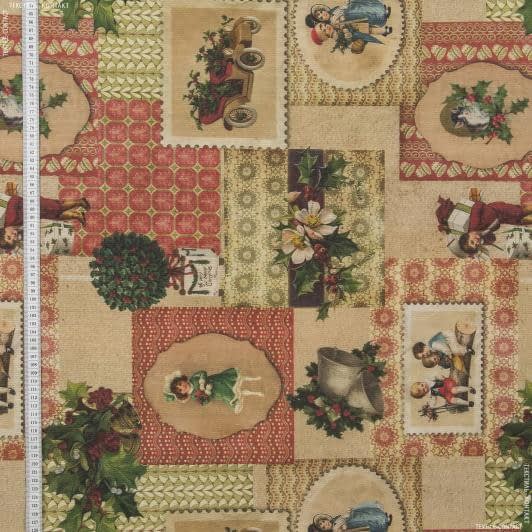 Ткани новогодние ткани - Новогодняя ткань Рождествеские открытки бежевый, бордовый