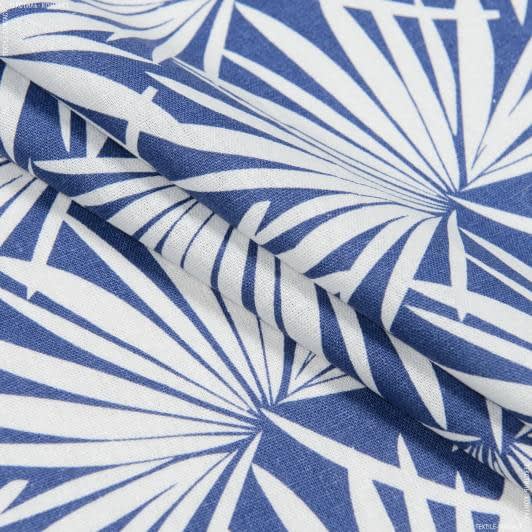 Тканини для суконь - Льон Сабіна біле листя на синьому
