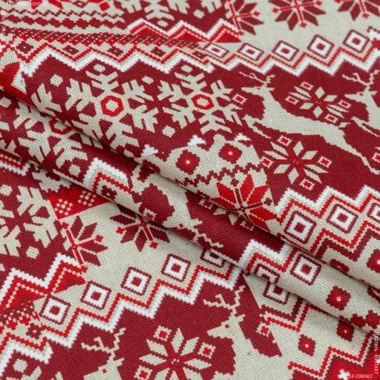 Ткани для римских штор - Декоративная новогодняя ткань  скотланд олени/  красно-белый
