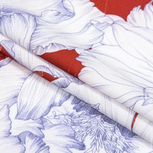Тканини креп - Платтяний креп принт білі квіти на теракотовому