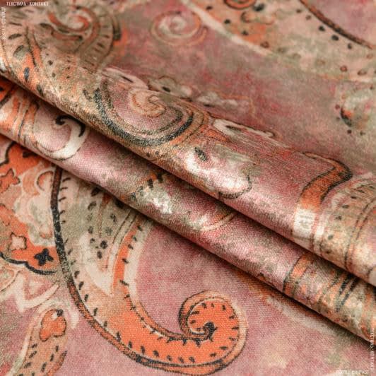 Ткани для перетяжки мебели - Велюр Хармони принт пейсли оранжево-розовый