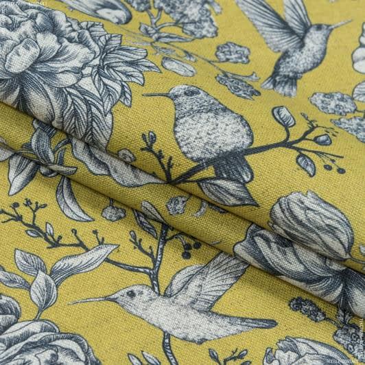 Ткани для штор - Декоративная ткань Лужан цветы колибри гороховый