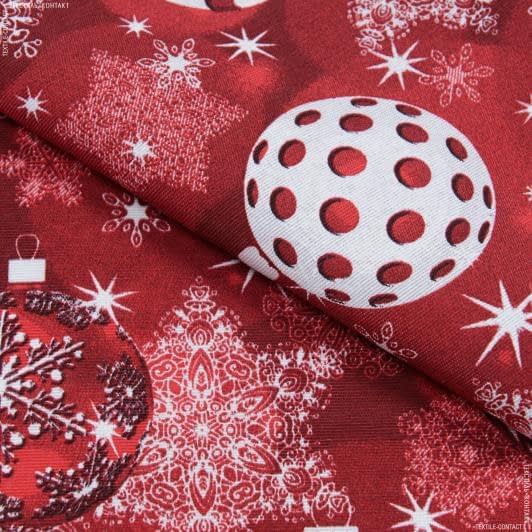 Тканини для портьєр - Новорічна тканина лонета Ялинкові іграшки фон червоний