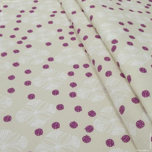 Тканини для портьєр - Декоративна тканина Луна квіточки, горошки фуксія фон світло бежевий