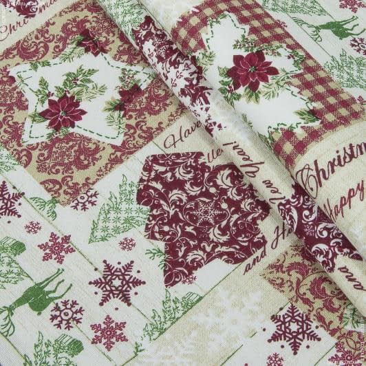 Ткани новогодние ткани - Декоративная новогодняя ткань Коллаж новогодний  фон св.беж(аналог161181)
