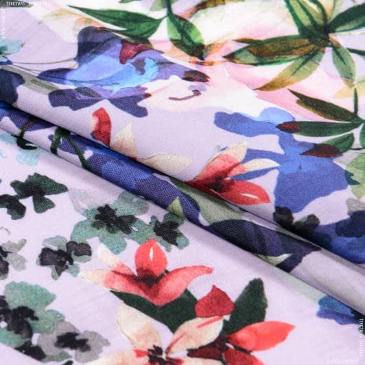 Тканини для суконь - Платтяний шовк віскозний принт квіти на бузковому