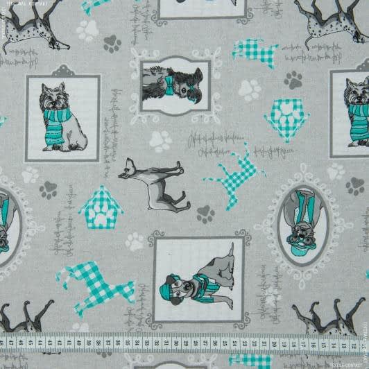 Ткани портьерные ткани - Лонета фото собачек бирюза,серый