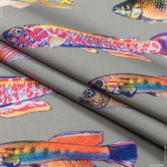 Ткани для экстерьера - Дралон принт Вардо /VARDO рыбки цветные фон темно бежевый