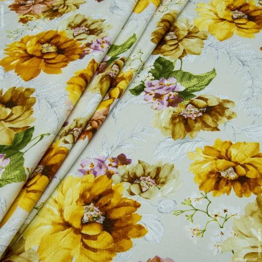Ткани для скрапбукинга - Декоративная ткань панама Адель цветы крупные оранжевый фон молочный
