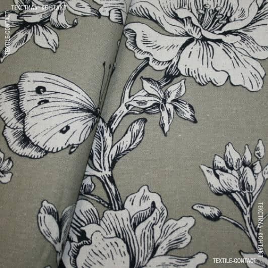 Тканини портьєрні тканини - Декоративна тканина Медічі /MEDICI квіти, метелики колір  оливка