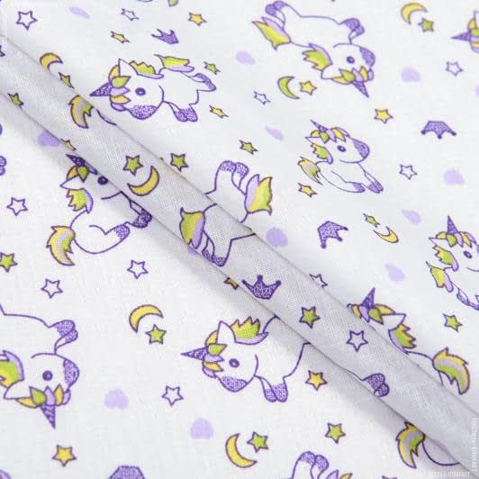 Тканини для дитячого одягу - Поплін ТКЧ набивної одноріжки фіолетові