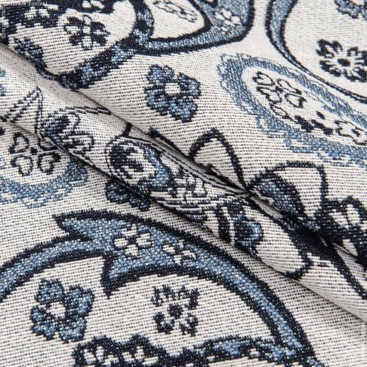 Тканини для перетяжки меблів - Гобелен Турецькі огірки сині фон молочний