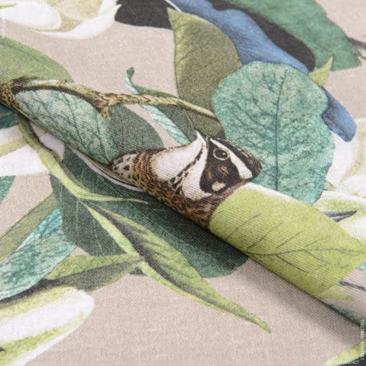 Тканини бавовняні сумішеві - Декоративна тканина Птахи на магнолії зелений фон бежевий