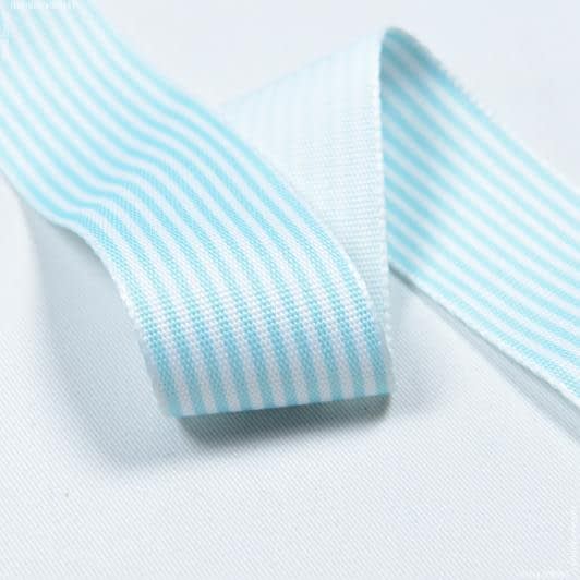Ткани для украшения и упаковки подарков - Репсовая лента Тера полоса мелкая белая, голубая 37 мм