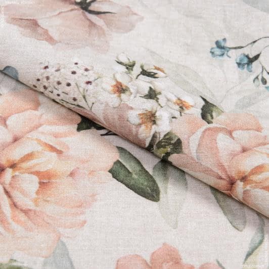 Ткани портьерные ткани - Декоративная ткань лонета Пионы бежевые фон натуральный