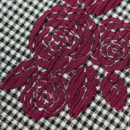 Тканини для суконь - Костюмна фукро бордові троянди на чорно-білій клітинці