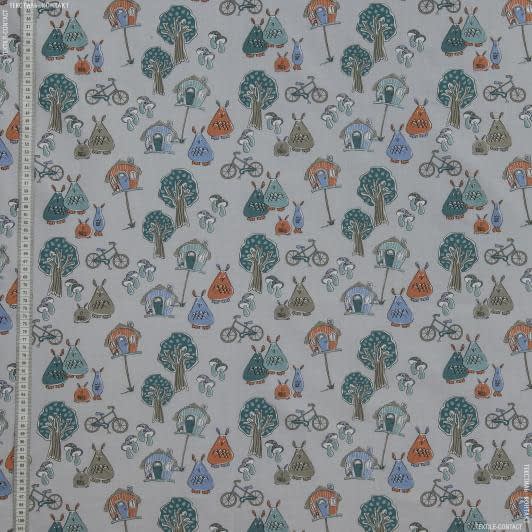 Ткани для детской одежды - Экокоттон волшебный лес фон серо-голубой