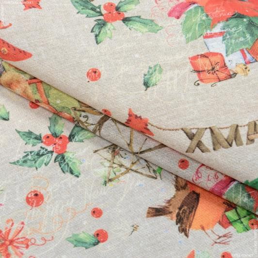 Ткани новогодние ткани - Новогодняя ткань лонета Зимняя сказка бордовый, бежевый