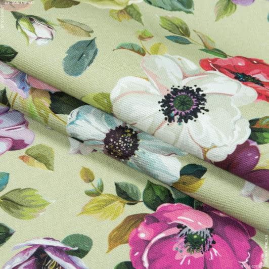 Тканини для декоративних подушок - Декоративна тканина Квіти шипшини фон зелений чай