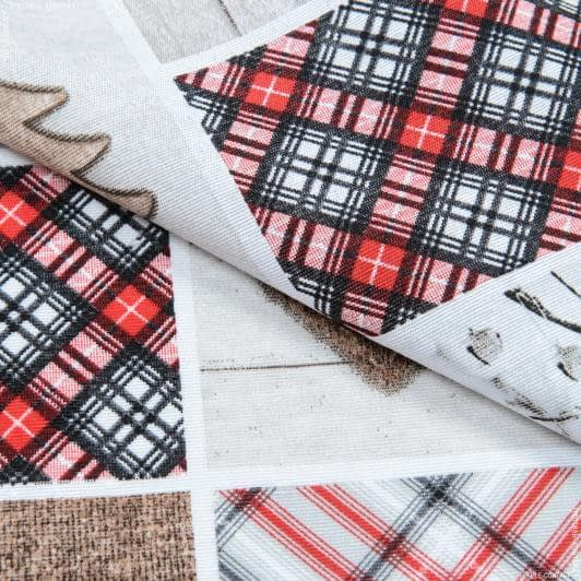Ткани для пэчворка - Декоративная новогодняя ткань лонета Открытки /SCOTTISH X-MAS  олени, ель, бежевый