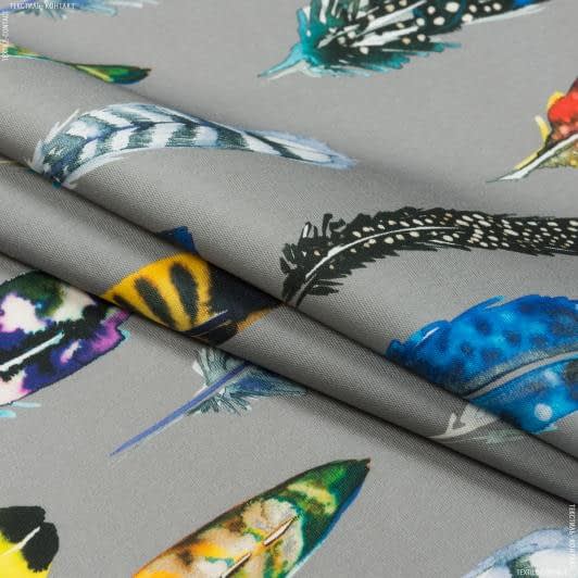 Ткани для декора - Дралон принт Синд /SUND перья цветные фон темно бежевый