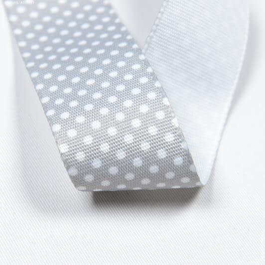 Ткани для одежды - Репсовая лента Тера горох мелкий белый, фон серый 34 мм