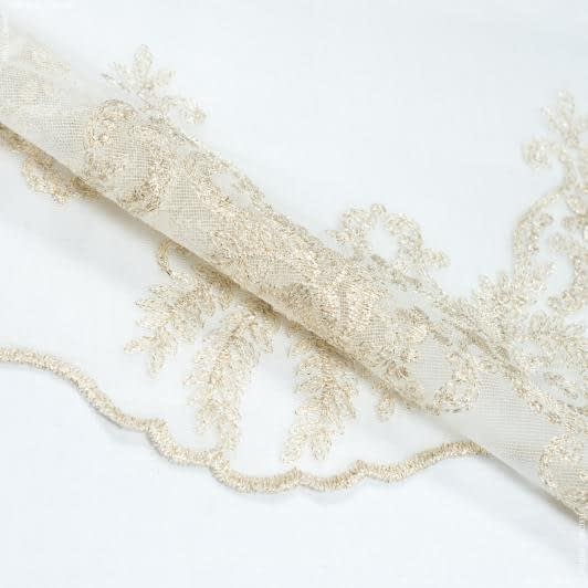 Ткани свадебная ткань - Тюль микросетка вишивка Вензель молочная, св.золото  (купон)