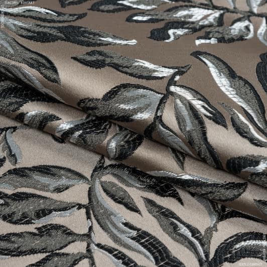 Тканини портьєрні тканини - Декоративна тканина Роял листя /ROYAL LEAF сіро-чорні  фон т.бежевий