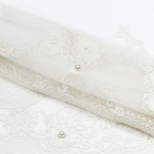 Ткани свадебная ткань - Тюль вышивка Жемчужинка цветочки-купон молочный