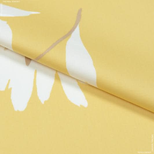 Тканини для суконь - Котон стрейч принт білі квіти на жовтому