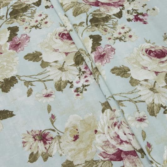 Ткани для штор - Декоративная ткань лонета Айрейт цветы крупные т.фрез фон лазурь