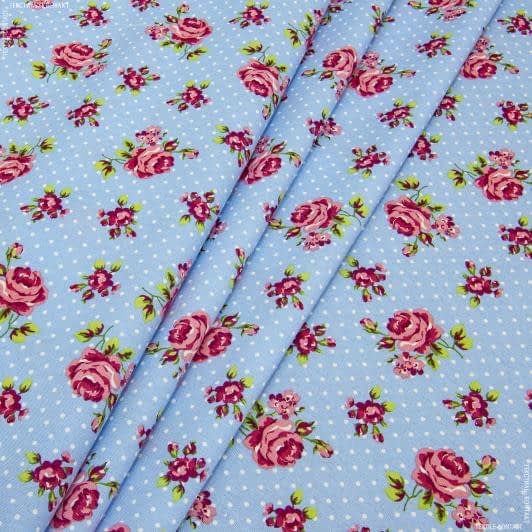 Тканини для скрапбукінга - Декоративна тканина лонета Кемайл трояндочки, горошок фон св.синій