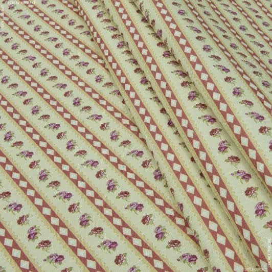 Тканини бавовняні сумішеві - Декоративна тканина Саймул Ліверпуль смужка, ромб, квіточки фон св.жовтий