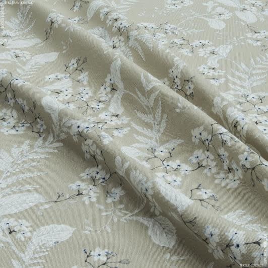 Ткани для штор - Декоративная ткань панама Адель цветы мелкие сине-белые фон бежевый