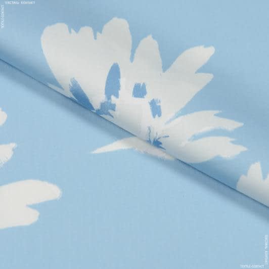 Тканини для суконь - Котон стрейч принт білі квіти на блакитному