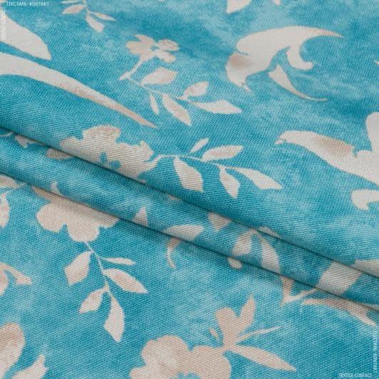 Тканини портьєрні тканини - Декоративна тканина панама Флінт/FLINT квіти беж,фон небесно-блакитний