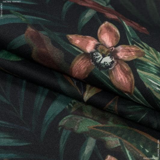 Ткани портьерные ткани - Декоративная ткань Галилея цветы стрекозы зеленый фон черный