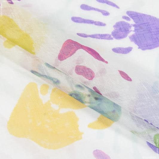 Тканини гардинні тканини - Тюль кісея Дитячі долоньки фіолетово-жовті з обважнювачем